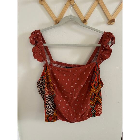 Torrid Top Women's 4X Challis Smocked Ruffles Trim Crop Bohemian Square Neck - Picture 2 of 10